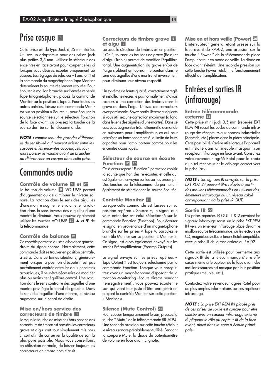 Prise casque, Commandes audio, Entrées et sorties ir (infrarouge) | ROTEL RA-02 User Manual | Page 14 / 46