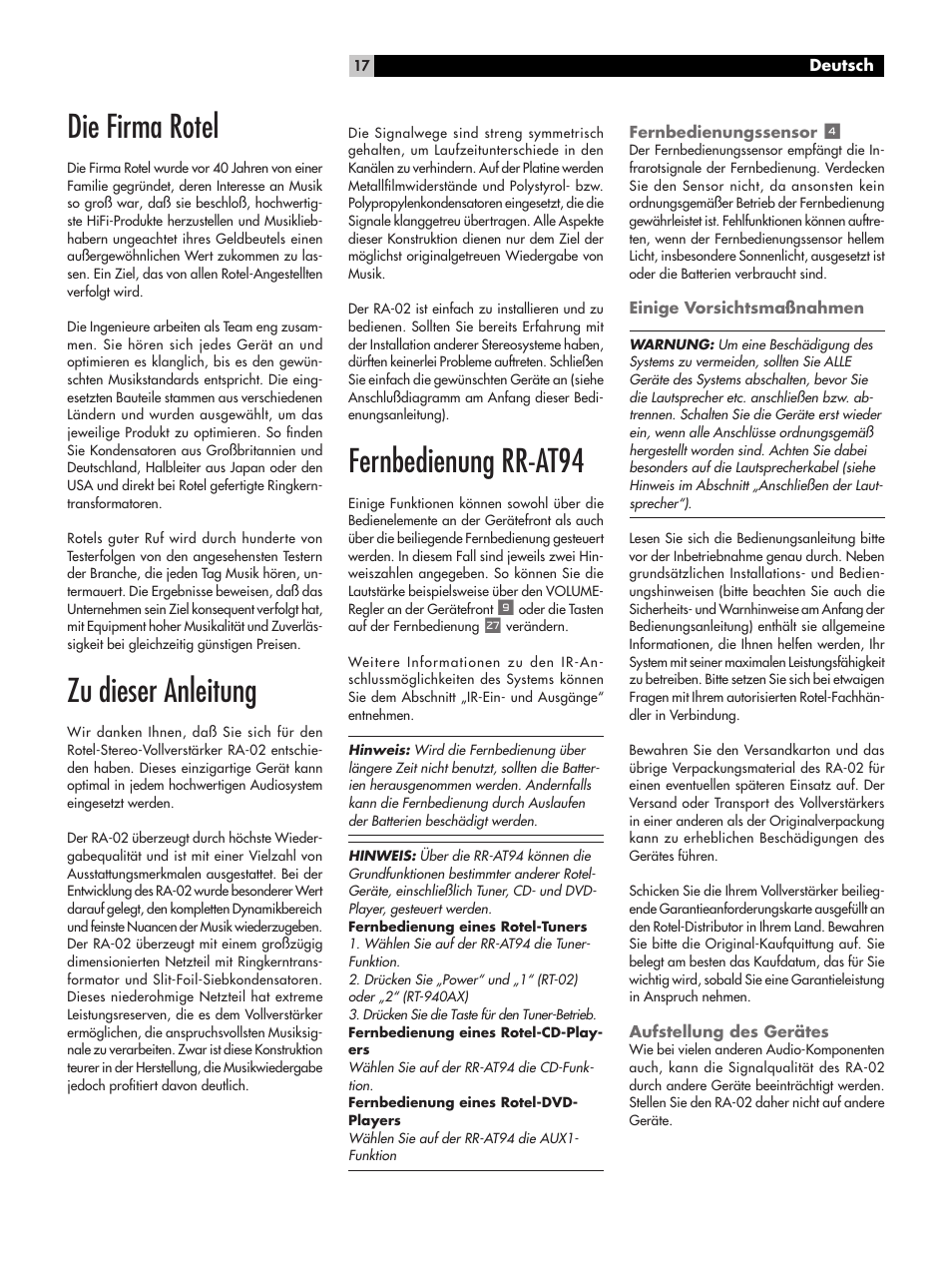 Die firma rotel, Zu dieser anleitung, Fernbedienung rr-at94 | ROTEL RA-02 User Manual | Page 17 / 46