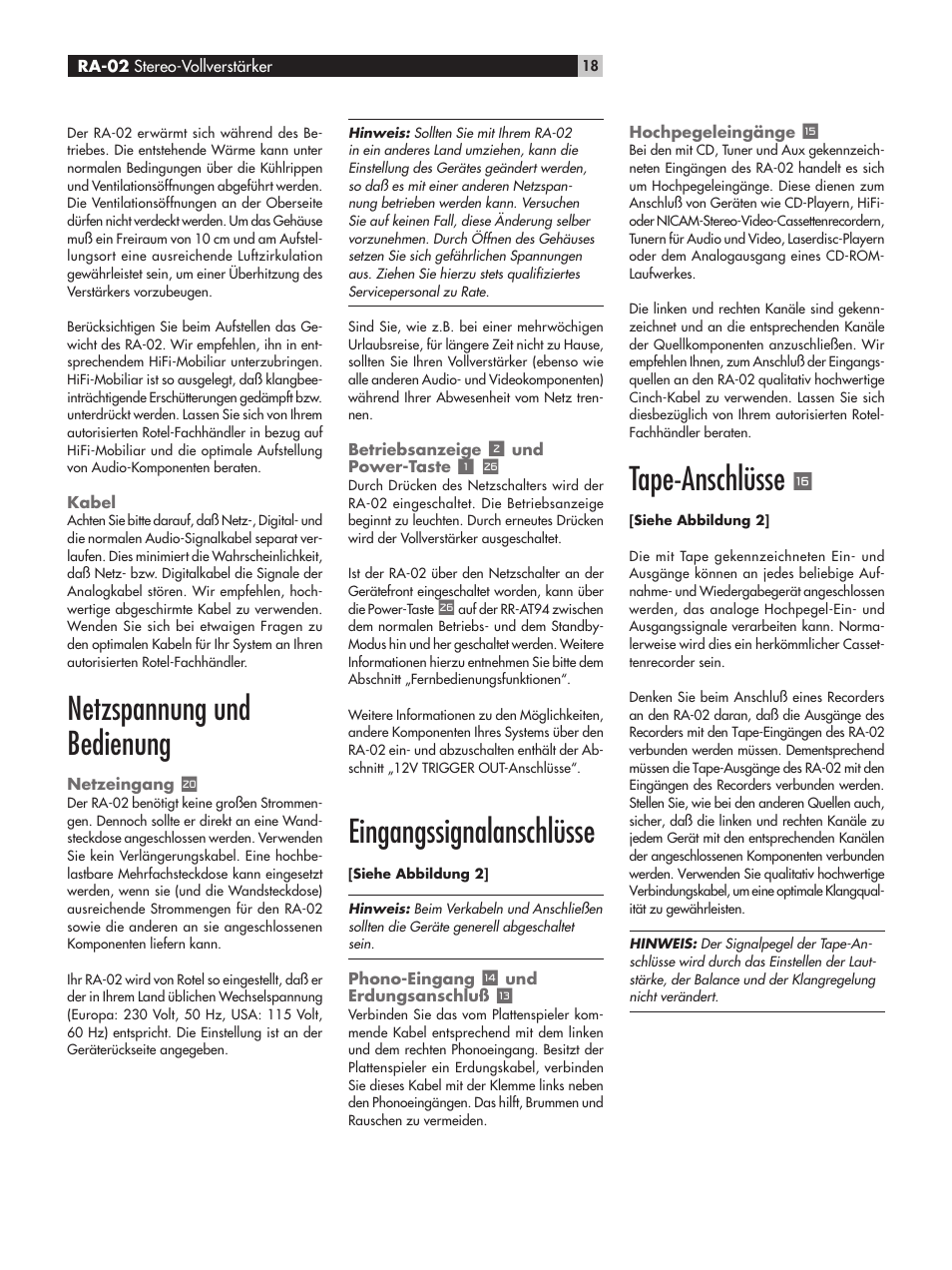 Netzspannung und bedienung, Eingangssignalanschlüsse, Tape-anschlüsse | ROTEL RA-02 User Manual | Page 18 / 46