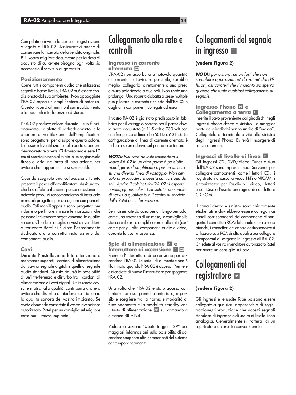 Collegamento alla rete e controlli, Collegamenti del segnale in ingresso, Collegamenti del registratore | ROTEL RA-02 User Manual | Page 24 / 46