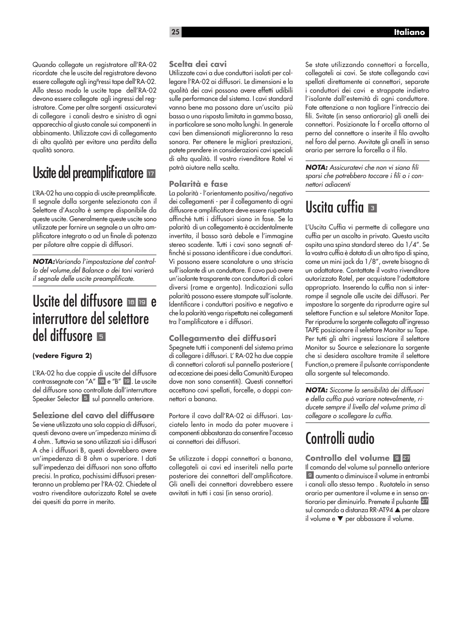 Uscite del preampliﬁcatore, Uscite del diffusore, Einterruttore del selettore del diffusore | Uscita cufﬁa, Controlli audio | ROTEL RA-02 User Manual | Page 25 / 46