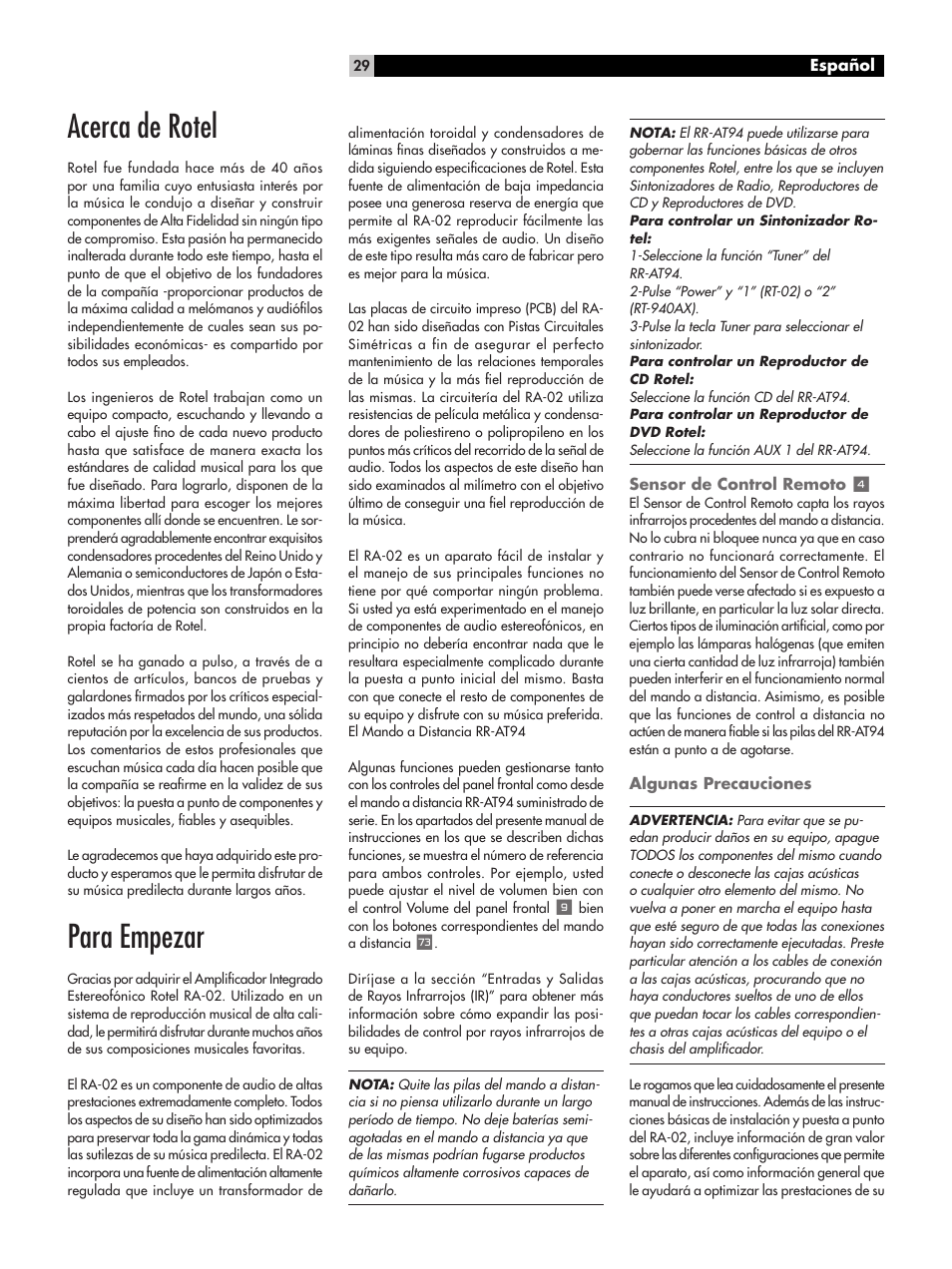 Acerca de rotel, Para empezar | ROTEL RA-02 User Manual | Page 29 / 46