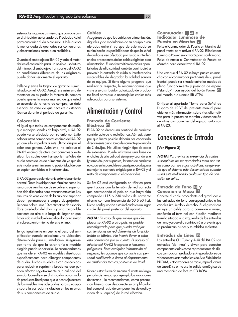 Alimentación y control, Conexiones de entrada | ROTEL RA-02 User Manual | Page 30 / 46