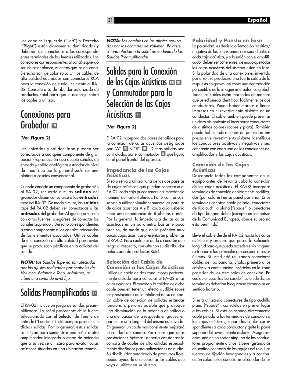 Conexiones para grabador, Salidas preampliﬁcadas, Salidas para la conexión de las cajas acústicas | ROTEL RA-02 User Manual | Page 31 / 46