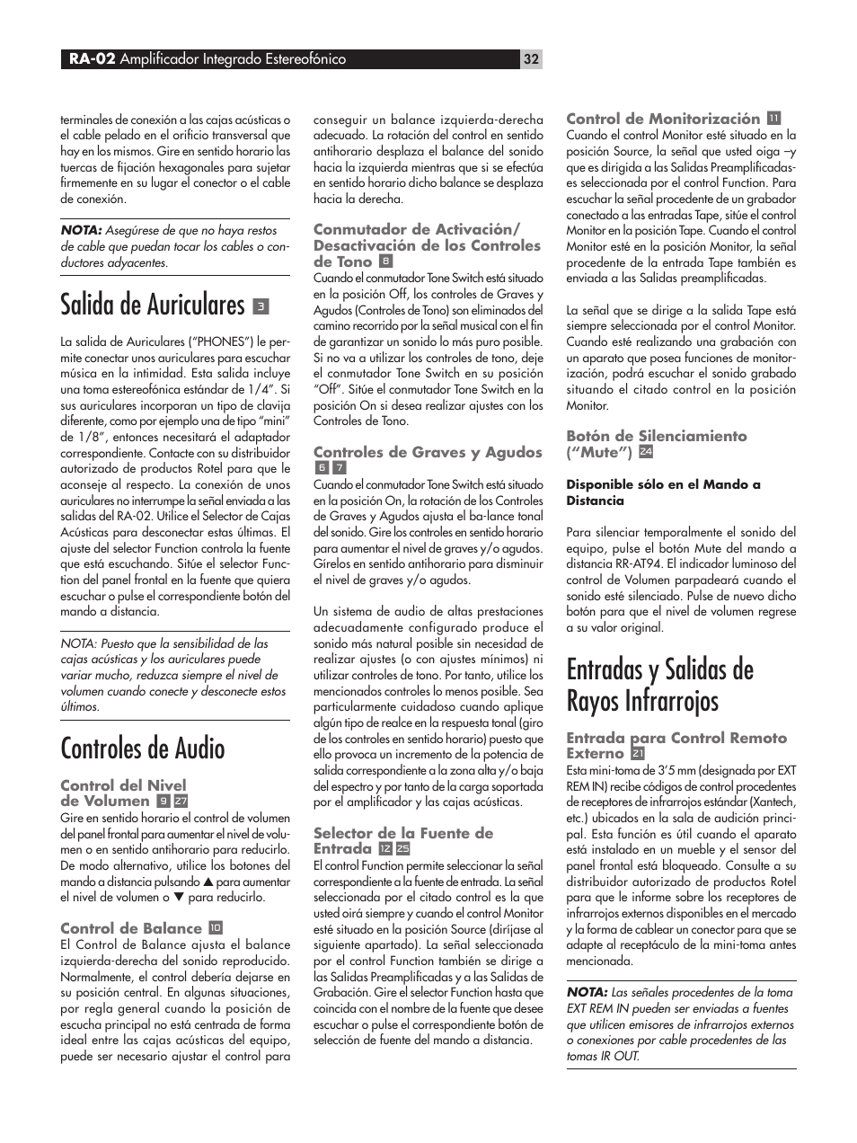 Salida de auriculares, Controles de audio, Entradas y salidas de rayos infrarrojos | ROTEL RA-02 User Manual | Page 32 / 46