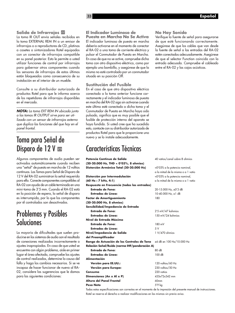 Toma para señal de disparo de 12 v, Problemas y posibles soluciones, Características técnicas | ROTEL RA-02 User Manual | Page 33 / 46