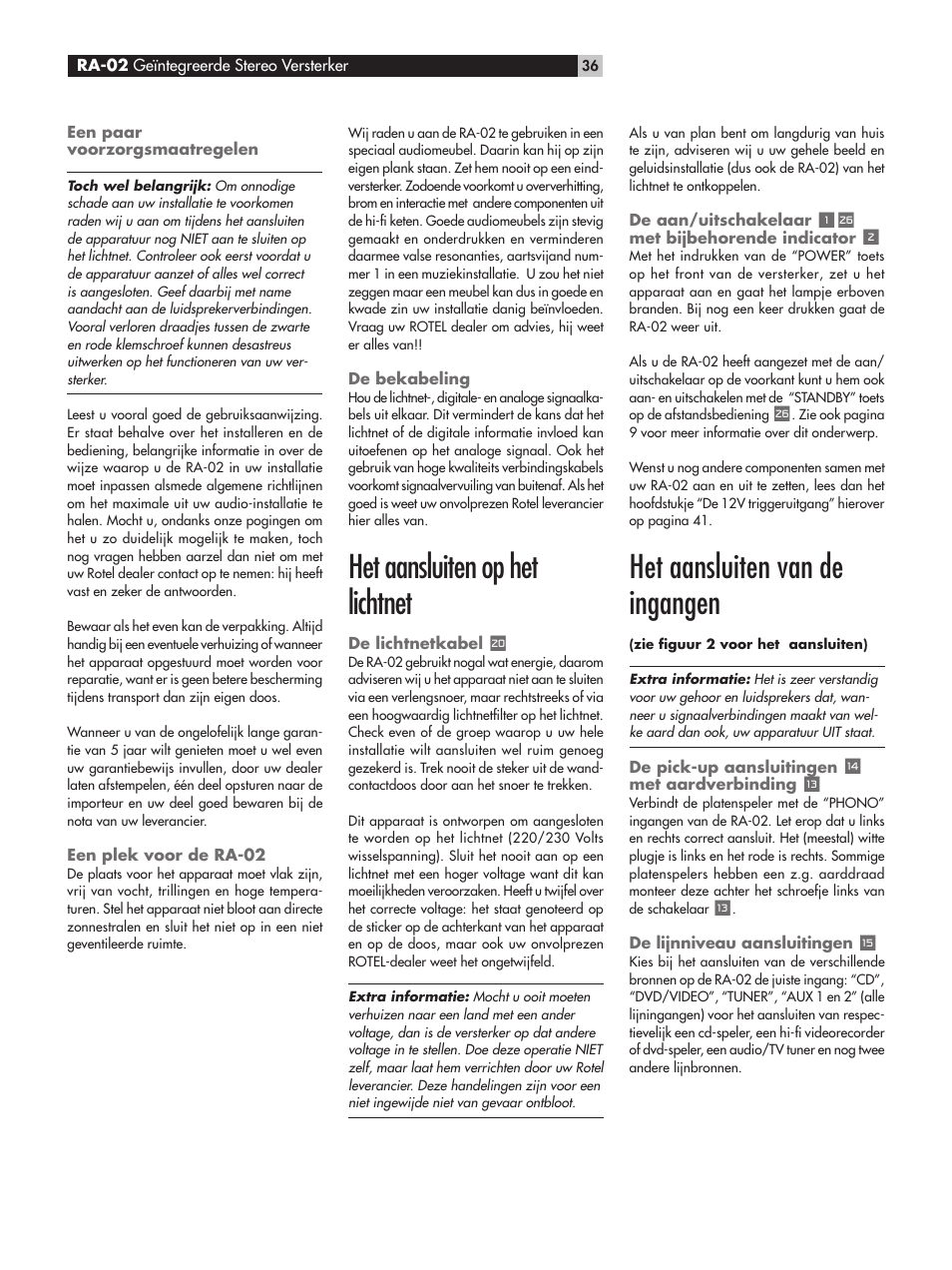 Het aansluiten op het lichtnet, Het aansluiten van de ingangen | ROTEL RA-02 User Manual | Page 36 / 46