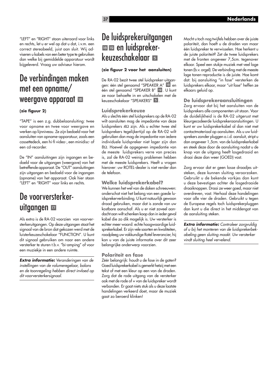 De voorversterker- uitgangen, De luidsprekeruitgangen, En luidspreker- keuzeschakelaar | ROTEL RA-02 User Manual | Page 37 / 46