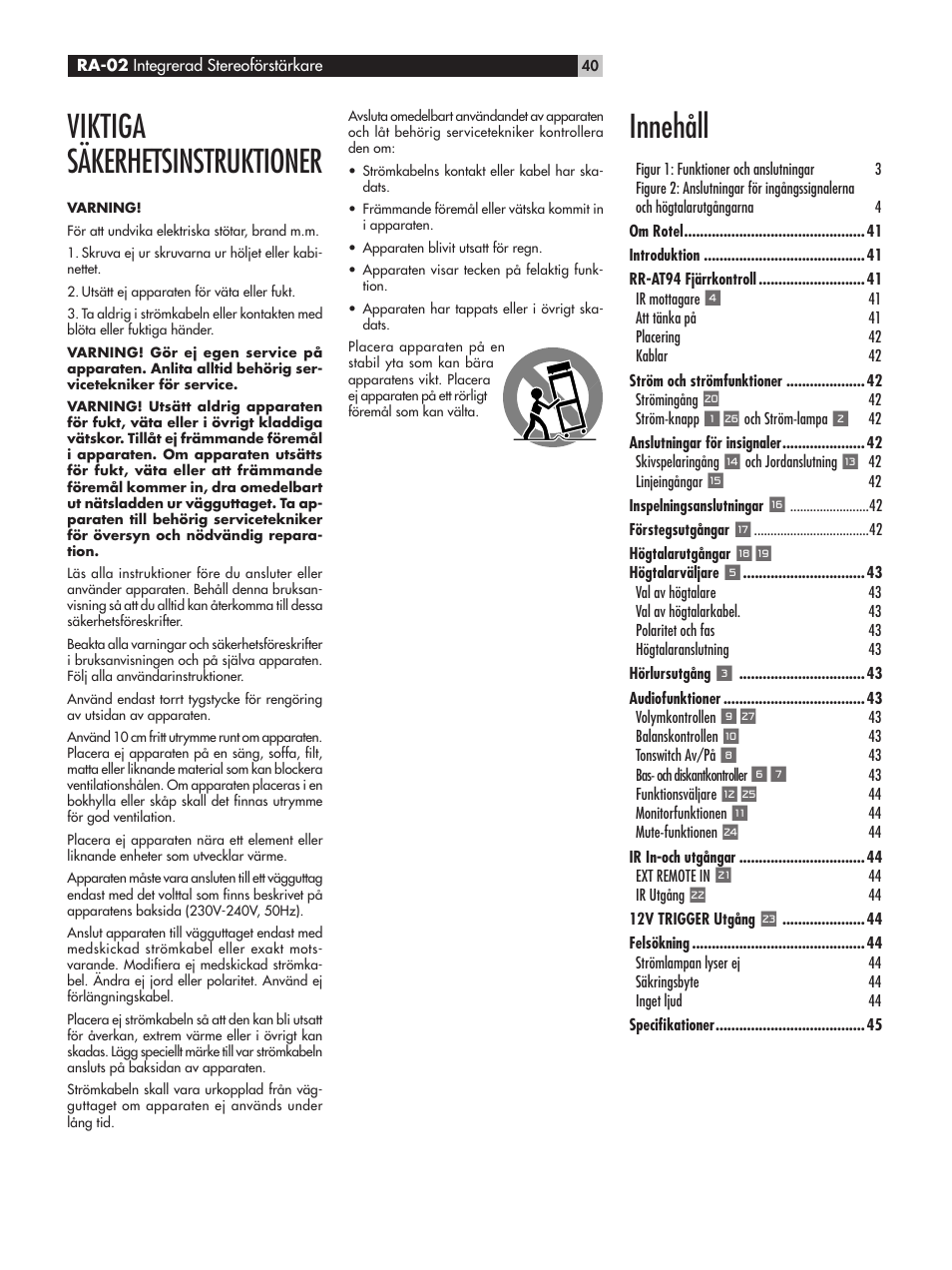 Viktiga säkerhetsinstruktioner, Innehåll | ROTEL RA-02 User Manual | Page 40 / 46