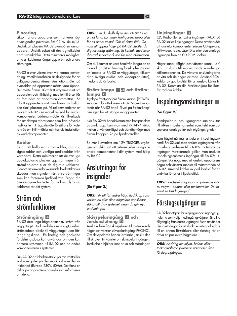 Ström och strömfunktioner, Anslutningar för insignaler, Inspelningsanslutningar | Förstegsutgångar | ROTEL RA-02 User Manual | Page 42 / 46