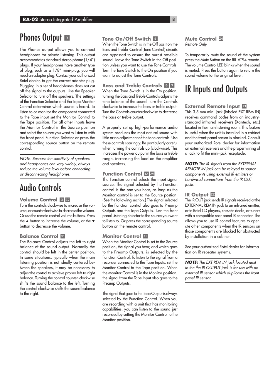 Phones output, Audio controls, Ir inputs and outputs | ROTEL RA-02 User Manual | Page 8 / 46