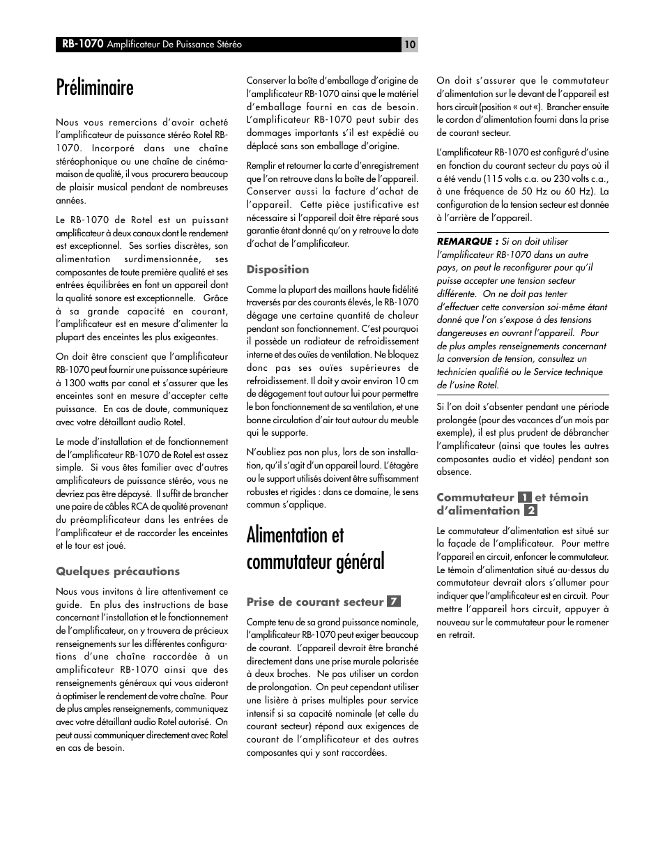 Préliminaire, Alimentation et commutateur général | ROTEL RB-1070 User Manual | Page 10 / 36