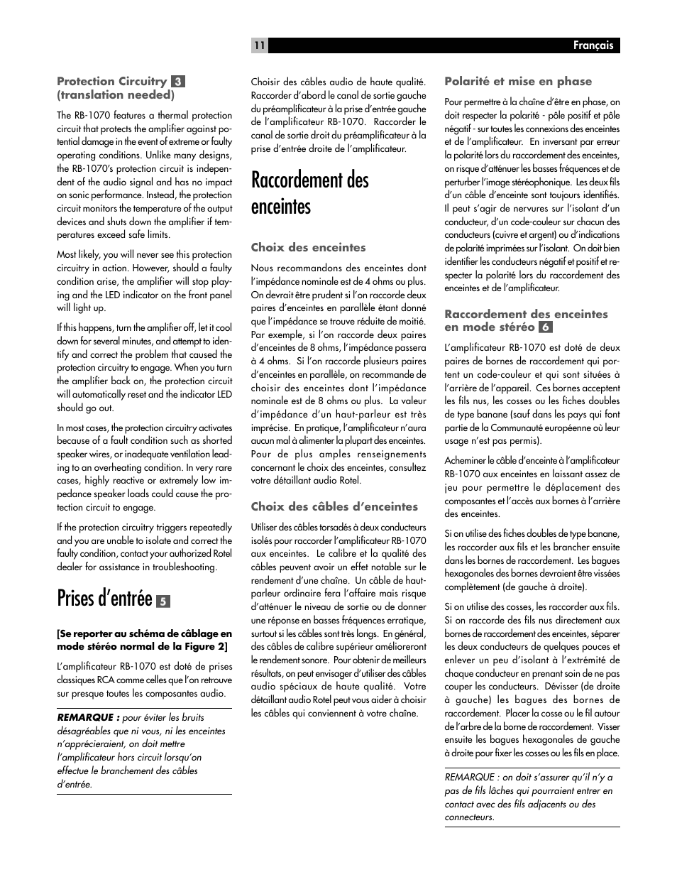 Prises d’entrée, Raccordement des enceintes | ROTEL RB-1070 User Manual | Page 11 / 36