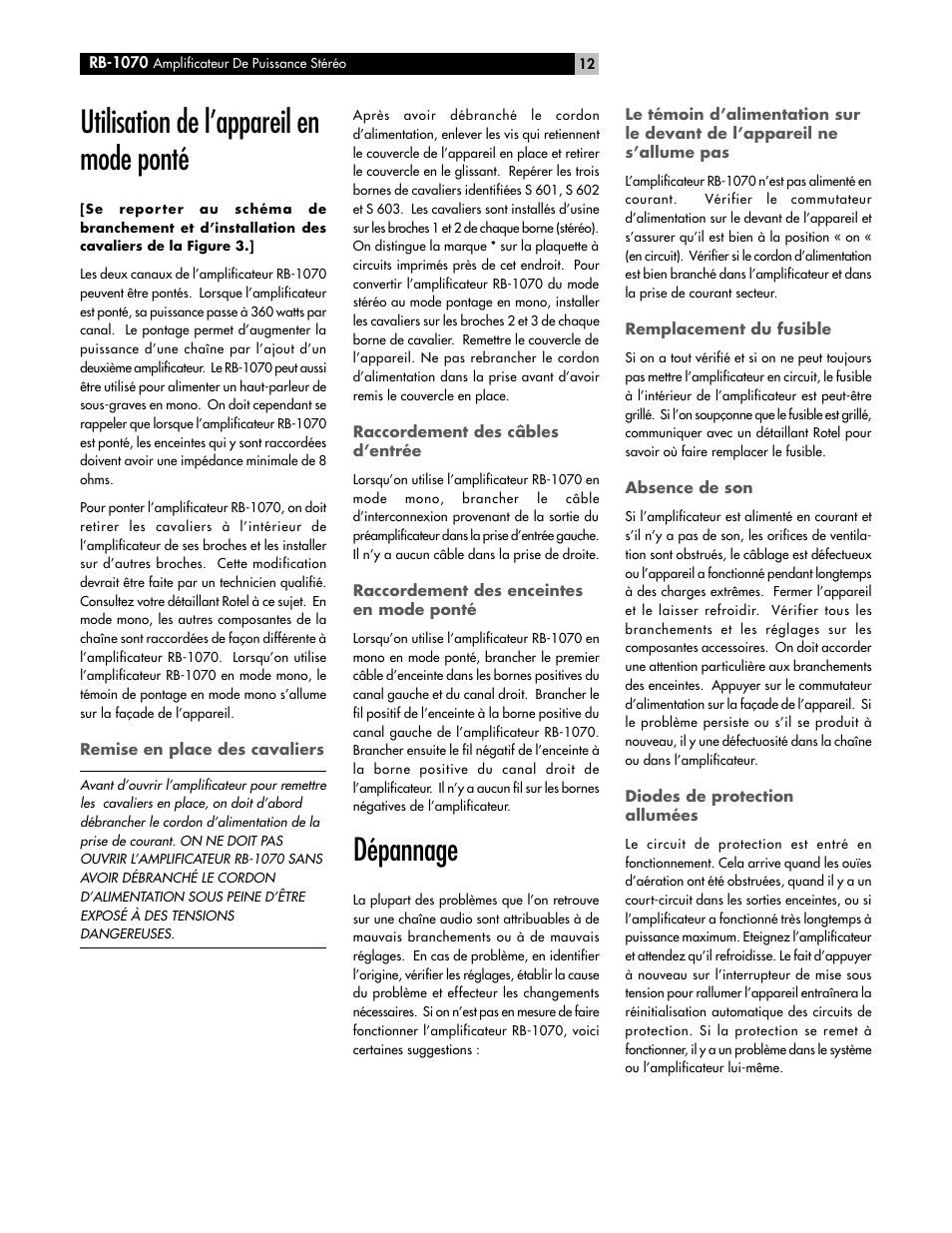 Utilisation de l’appareil en mode ponté, Dépannage | ROTEL RB-1070 User Manual | Page 12 / 36