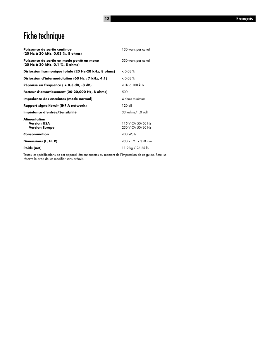 Fiche technique, Français | ROTEL RB-1070 User Manual | Page 13 / 36