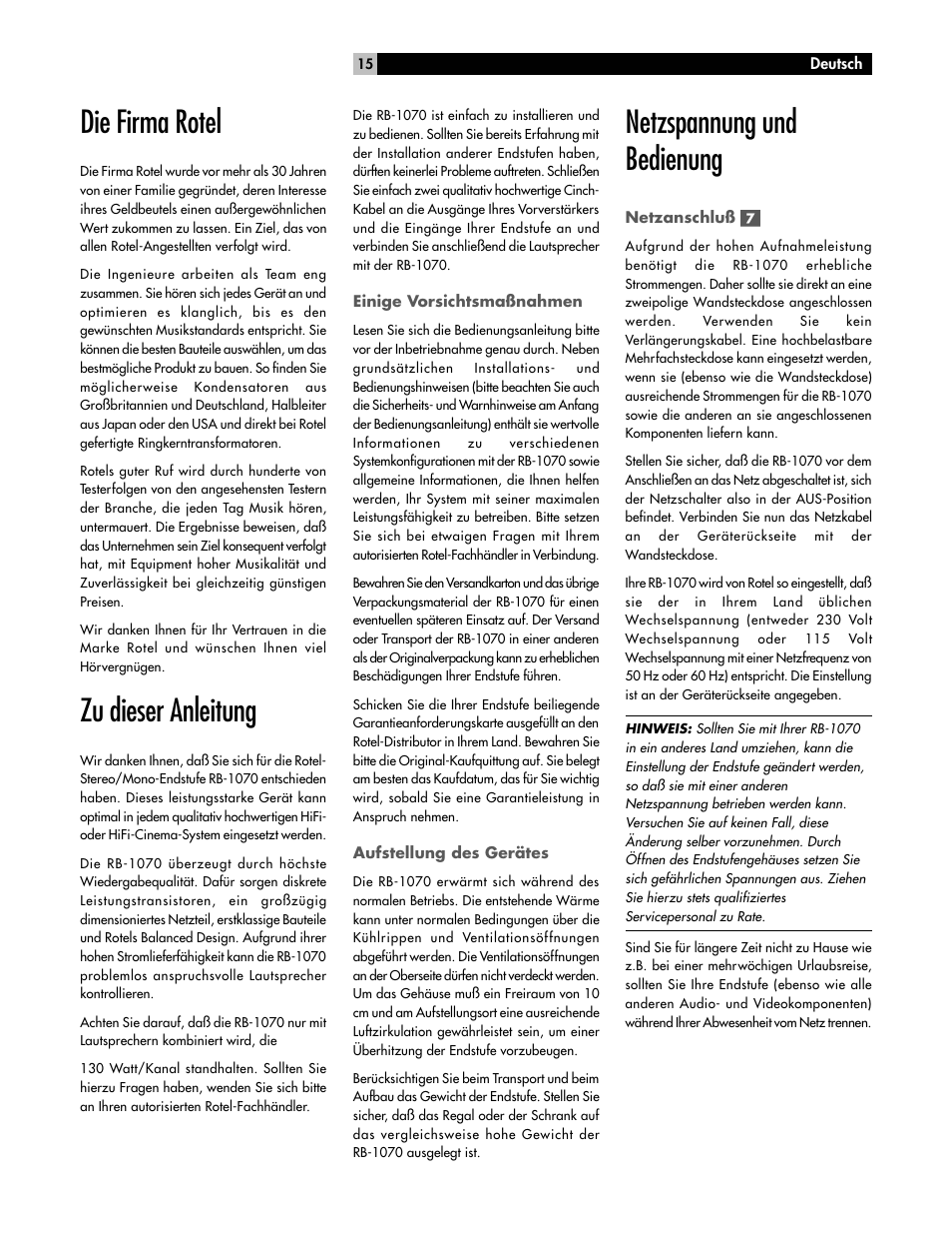 Die firma rotel, Zu dieser anleitung, Netzspannung und bedienung | ROTEL RB-1070 User Manual | Page 15 / 36