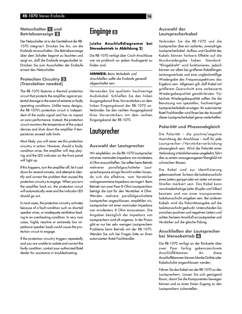 Eingänge, Lautsprecher | ROTEL RB-1070 User Manual | Page 16 / 36