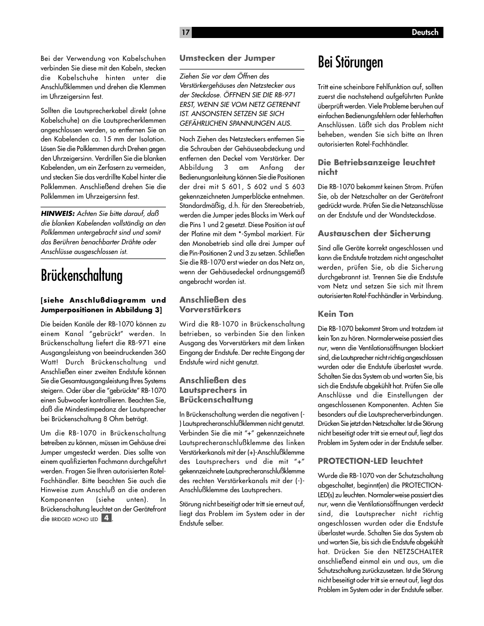 Brückenschaltung, Bei störungen | ROTEL RB-1070 User Manual | Page 17 / 36