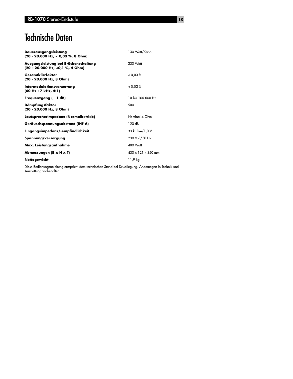 Technische daten, Rb-1070 stereo-endstufe | ROTEL RB-1070 User Manual | Page 18 / 36