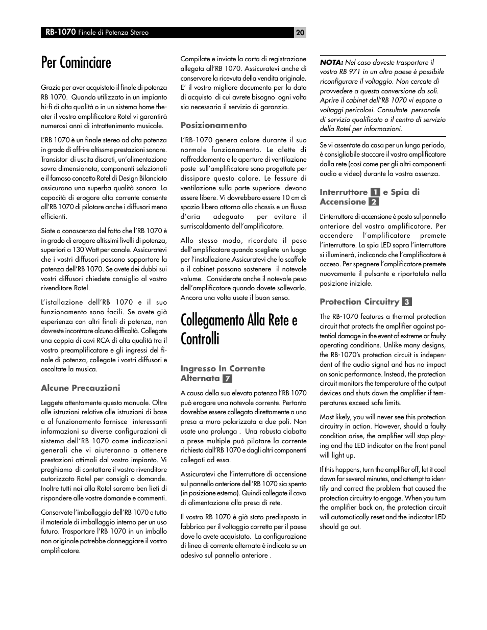 Per cominciare, Collegamento alla rete e controlli | ROTEL RB-1070 User Manual | Page 20 / 36