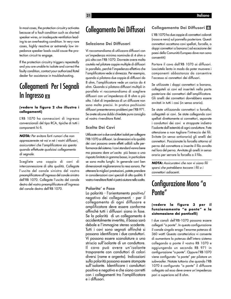 Collegamenti per i segnali in ingresso, Collegamento dei diffusori, Configurazione mono “a ponte | ROTEL RB-1070 User Manual | Page 21 / 36