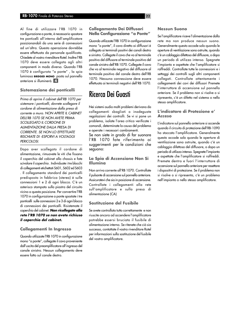 Ricerca dei guasti | ROTEL RB-1070 User Manual | Page 22 / 36