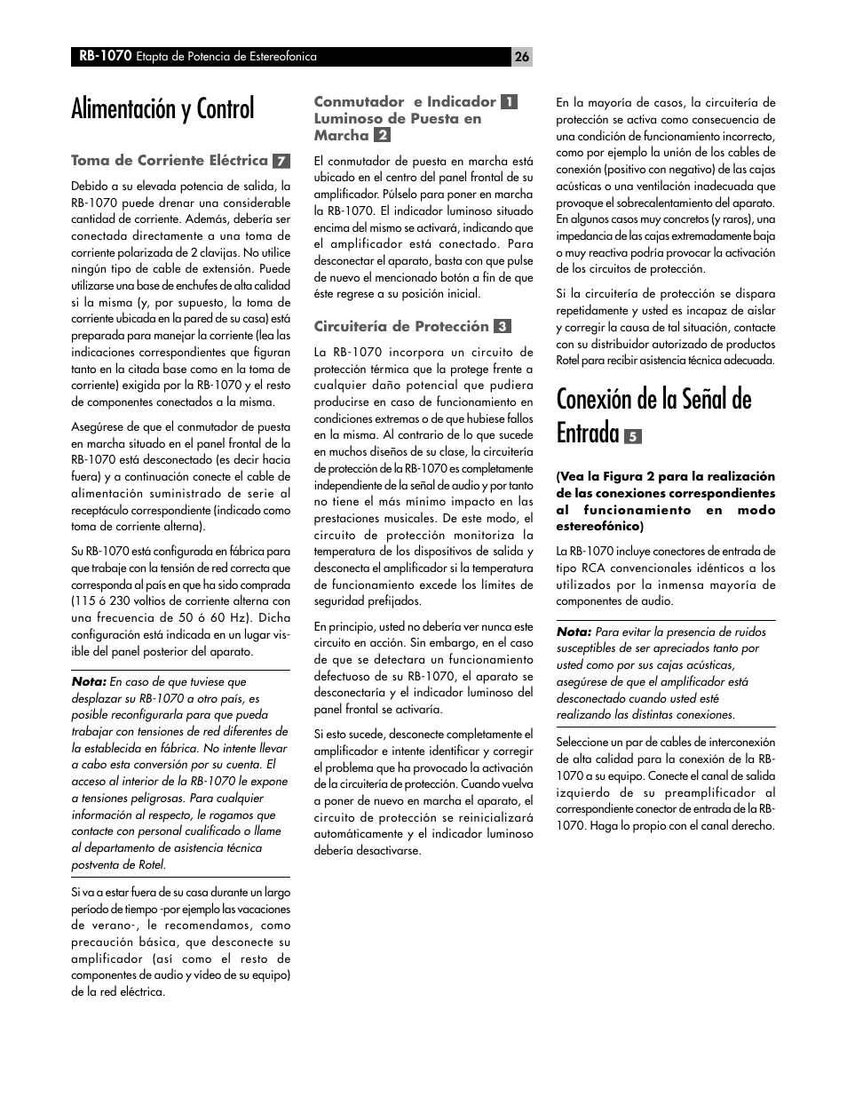 Alimentación y control, Conexión de la señal de entrada | ROTEL RB-1070 User Manual | Page 26 / 36