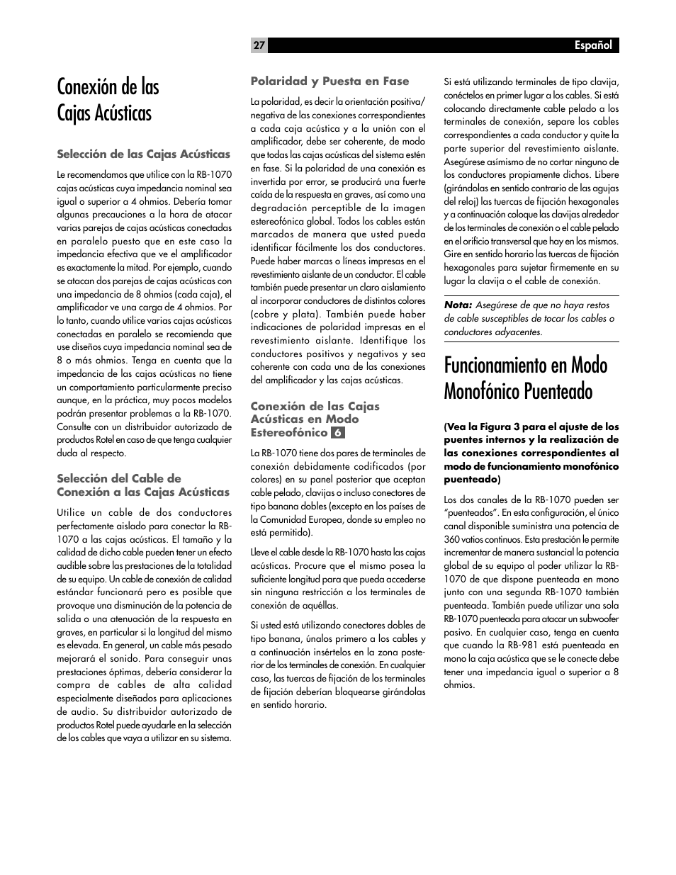 Conexión de las cajas acústicas, Funcionamiento en modo monofónico puenteado | ROTEL RB-1070 User Manual | Page 27 / 36