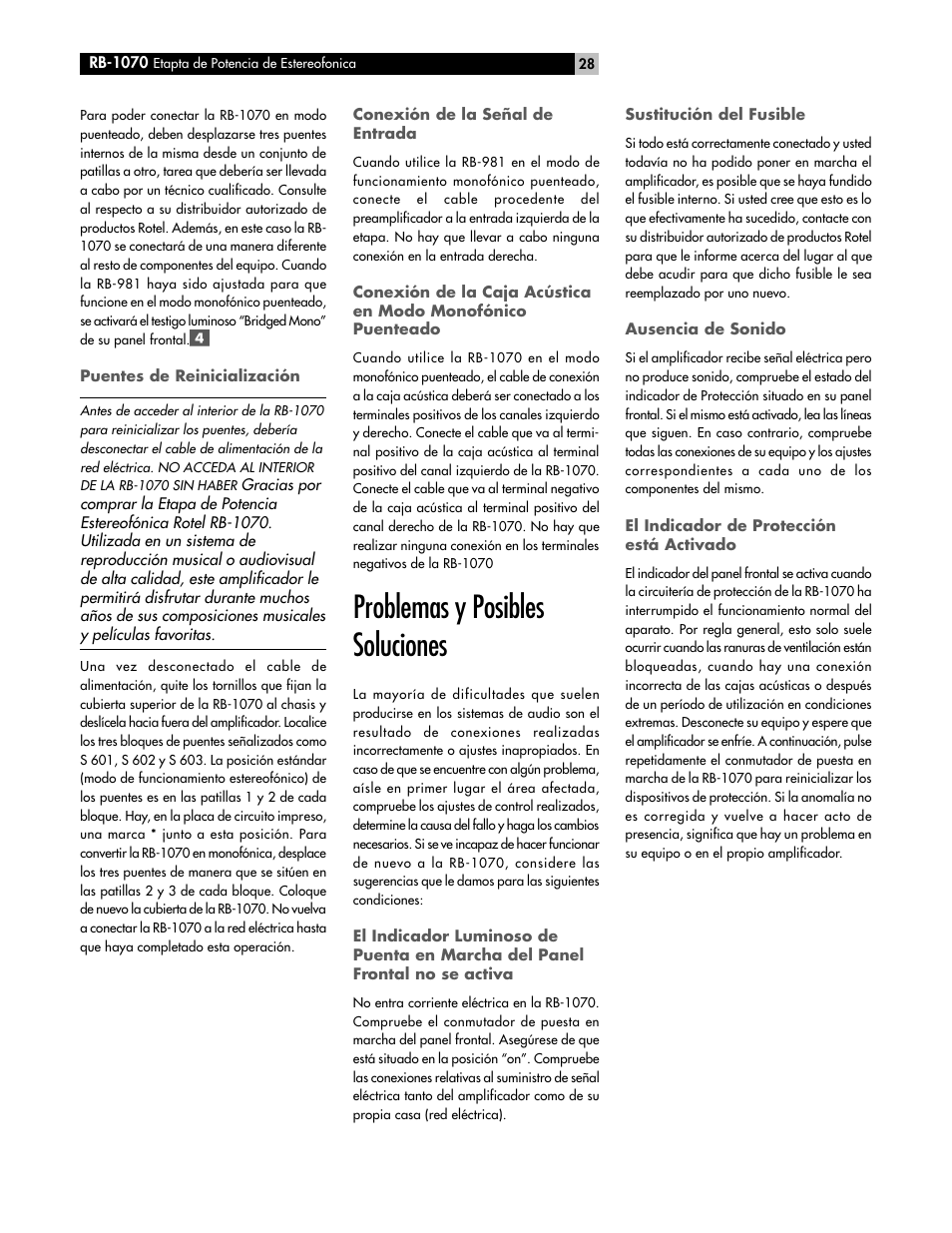 Problemas y posibles soluciones | ROTEL RB-1070 User Manual | Page 28 / 36