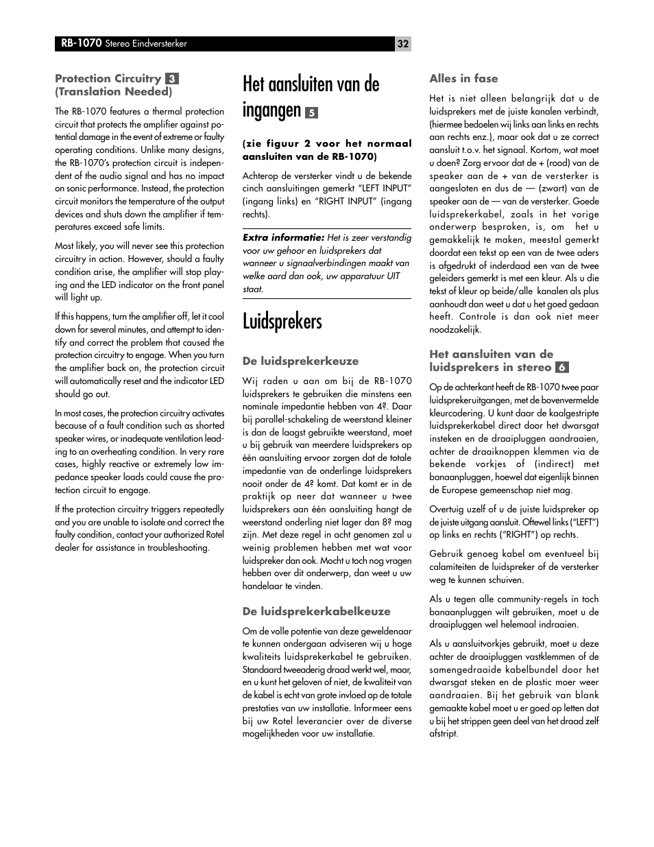 Het aansluiten van de ingangen, Luidsprekers | ROTEL RB-1070 User Manual | Page 32 / 36