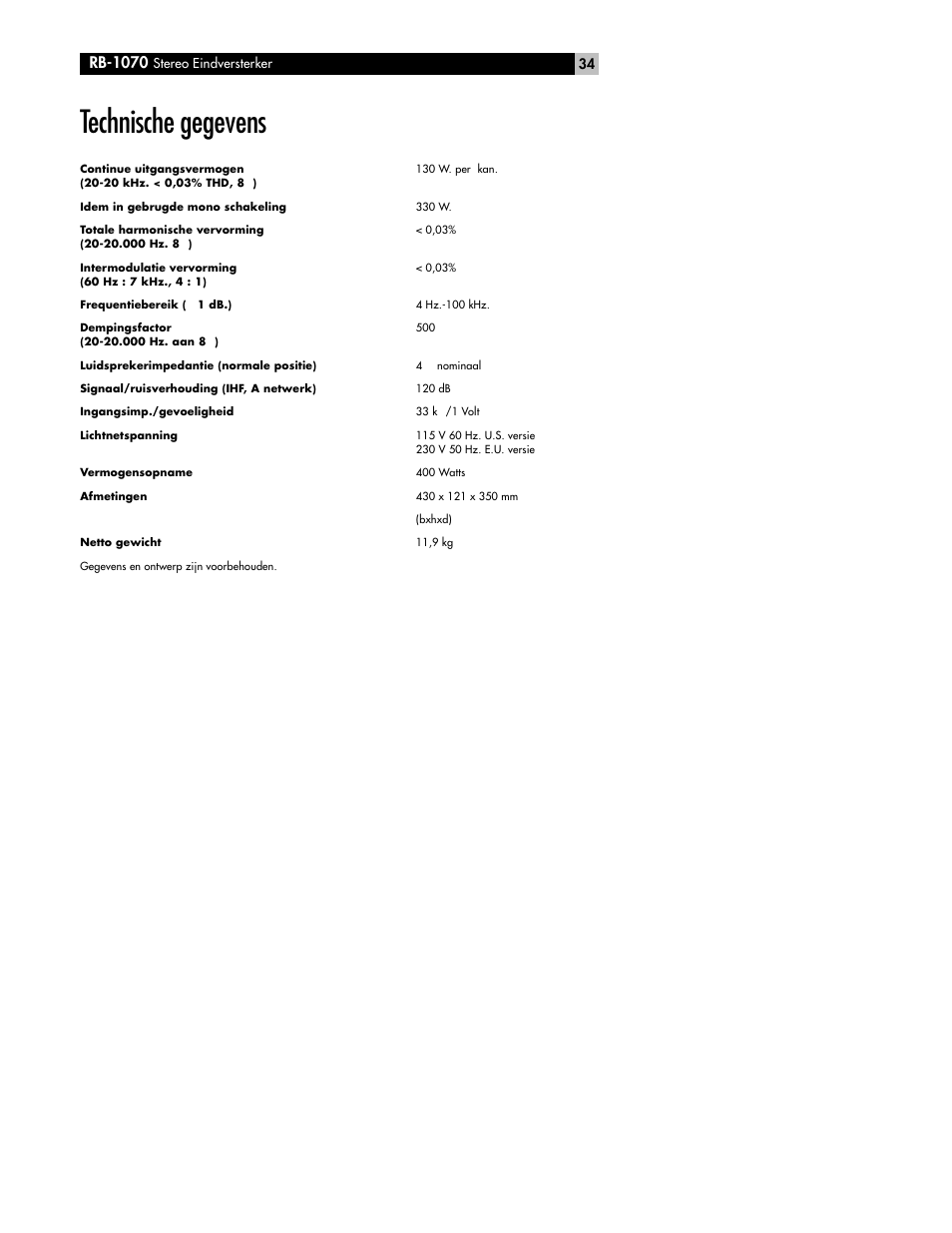 Technische gegevens, Rb-1070 | ROTEL RB-1070 User Manual | Page 34 / 36