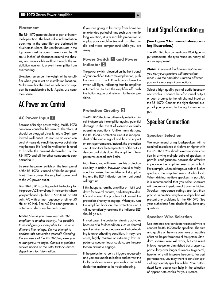 Ac power and control, Input signal connection, Speaker connection | ROTEL RB-1070 User Manual | Page 6 / 36