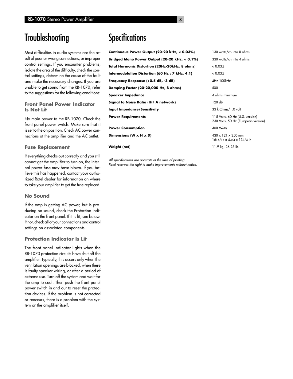 Specifications, Troubleshooting | ROTEL RB-1070 User Manual | Page 8 / 36