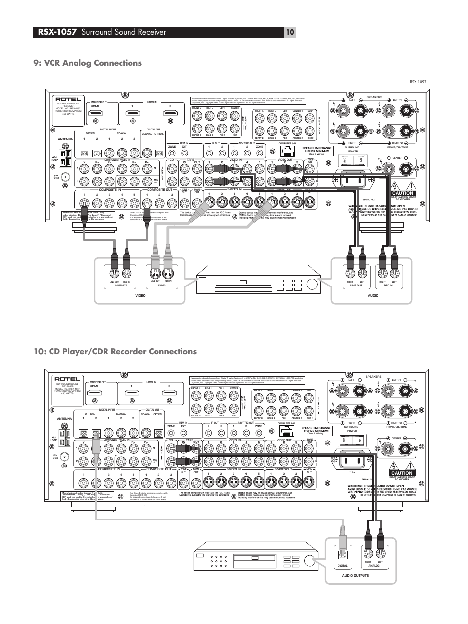 Vcr analog connections, Cd player/cdr recorder connections, Rsx-1057 surround sound receiver | Caution | ROTEL RSX-1057 User Manual | Page 10 / 48