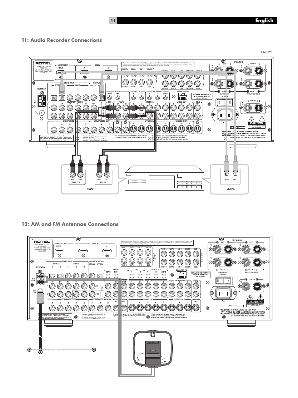 Audio recorder connections, Am and fm antennae connections, English | Caution | ROTEL RSX-1057 User Manual | Page 11 / 48