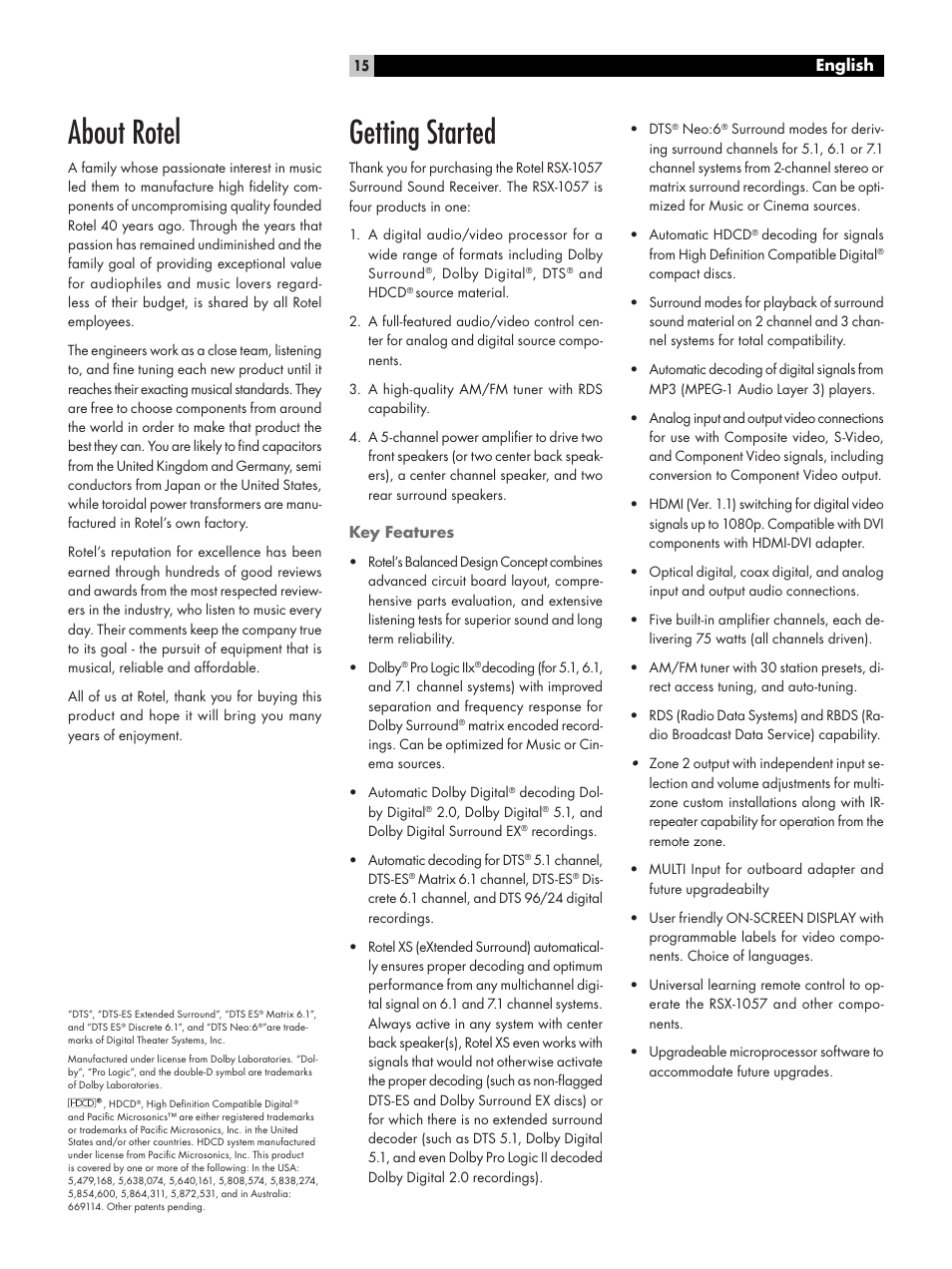 About rotel, Getting started, Key features | English | ROTEL RSX-1057 User Manual | Page 15 / 48