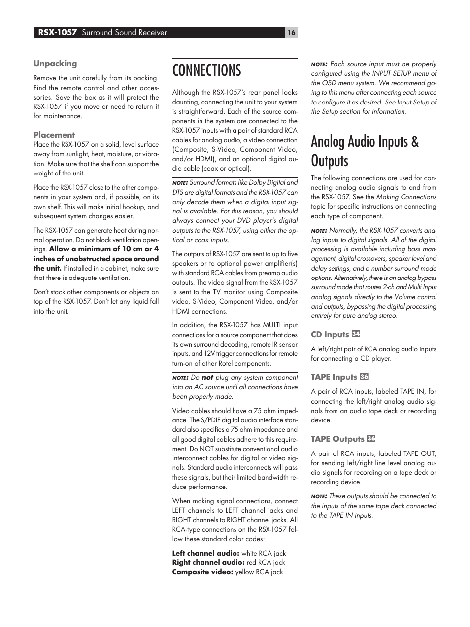 Unpacking, Placement, Connections | Analog audio inputs & outputs, Cd inputs, Tape inputs, Tape outputs | ROTEL RSX-1057 User Manual | Page 16 / 48