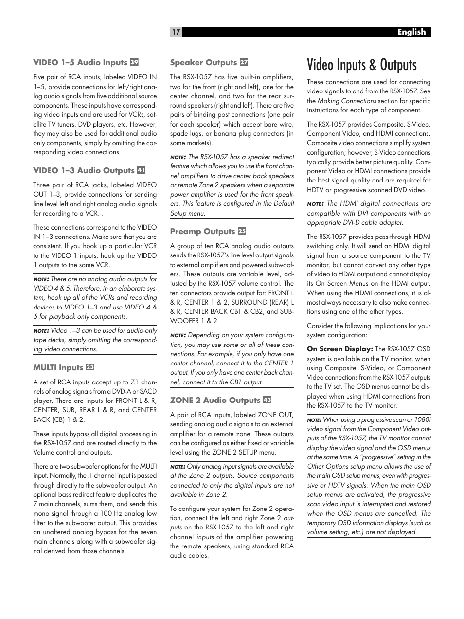 Video 1–5 audio inputs, Video 1–3 audio outputs, Multi inputs | Speaker outputs, Preamp outputs, Zone 2 audio outputs, Video inputs & outputs | ROTEL RSX-1057 User Manual | Page 17 / 48