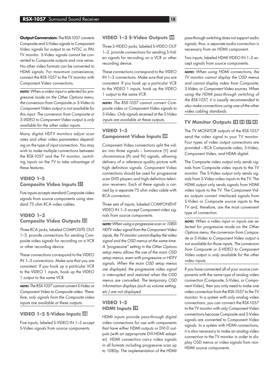 Video 1–5 composite video inputs, Video 1–3 composite video outputs, Video 1–5 s‑video inputs | Video 1–3 s‑video outputs, Video 1–3 component video inputs, Video 1–2 hdmi inputs, Tv monitor outputs | ROTEL RSX-1057 User Manual | Page 18 / 48