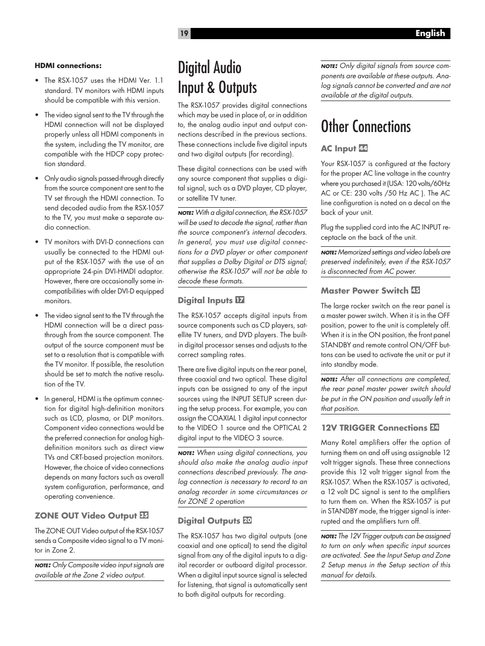 Zone out video output, Digital audio input & outputs, Digital inputs | Digital outputs, Other connections, Ac input, Master power switch, 12v trigger connections | ROTEL RSX-1057 User Manual | Page 19 / 48