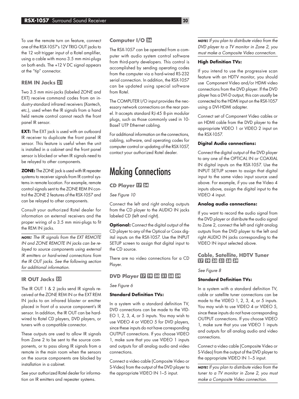 Rem in jacks, Ir out jacks, Computer i/o | Making connections, Cd player, Dvd player, Cable, satellite, hdtv tuner | ROTEL RSX-1057 User Manual | Page 20 / 48