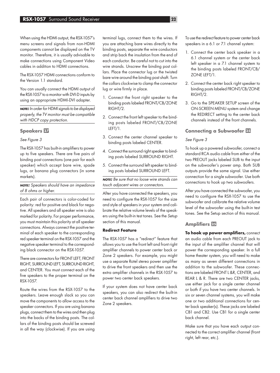 Speakers, Connecting a subwoofer, Amplifiers | ROTEL RSX-1057 User Manual | Page 22 / 48