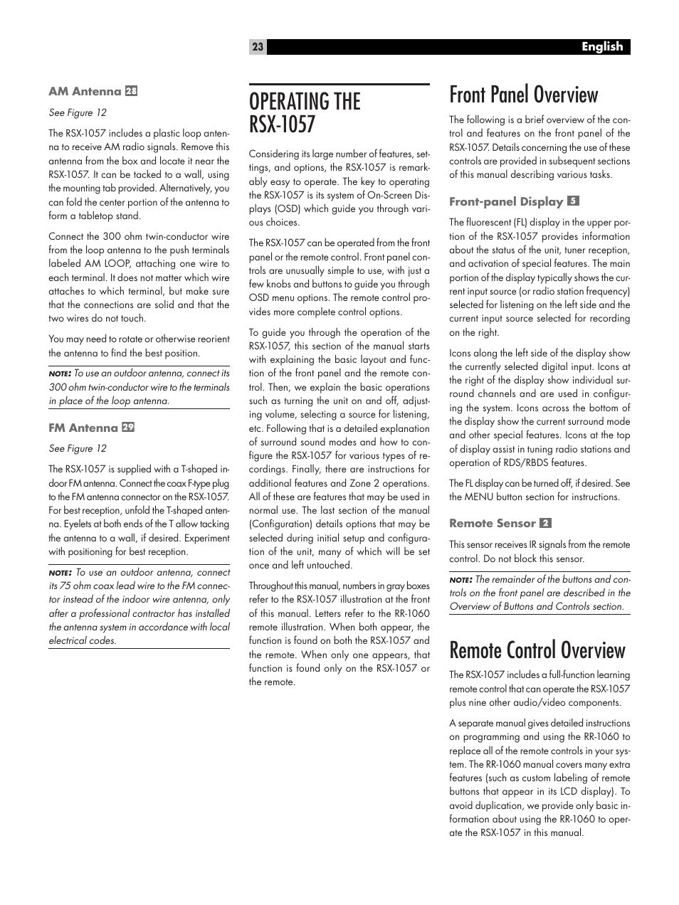 Am antenna, Fm antenna, Operating the rsx‑1057 | Front panel overview, Front-panel display, Remote sensor, Remote control overview, Operating the rsx-1057 | ROTEL RSX-1057 User Manual | Page 23 / 48