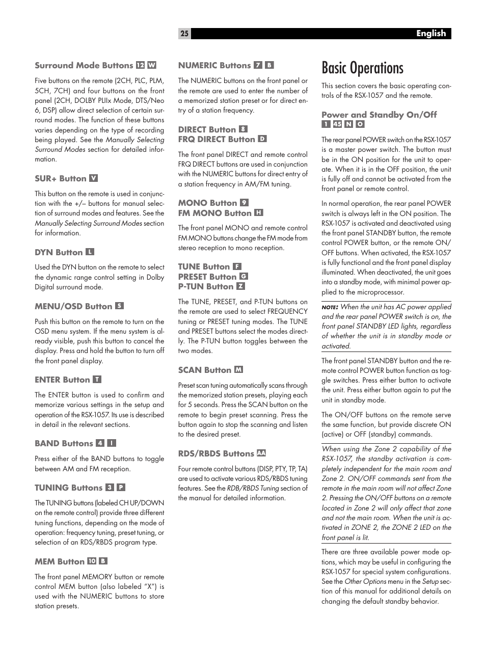 Surround mode buttons, Sur+ button, Dyn button | Menu/osd button, Enter button, Band buttons, Tuning buttons, Mem button, Numeric buttons, Direct button ￼frq direct button | ROTEL RSX-1057 User Manual | Page 25 / 48