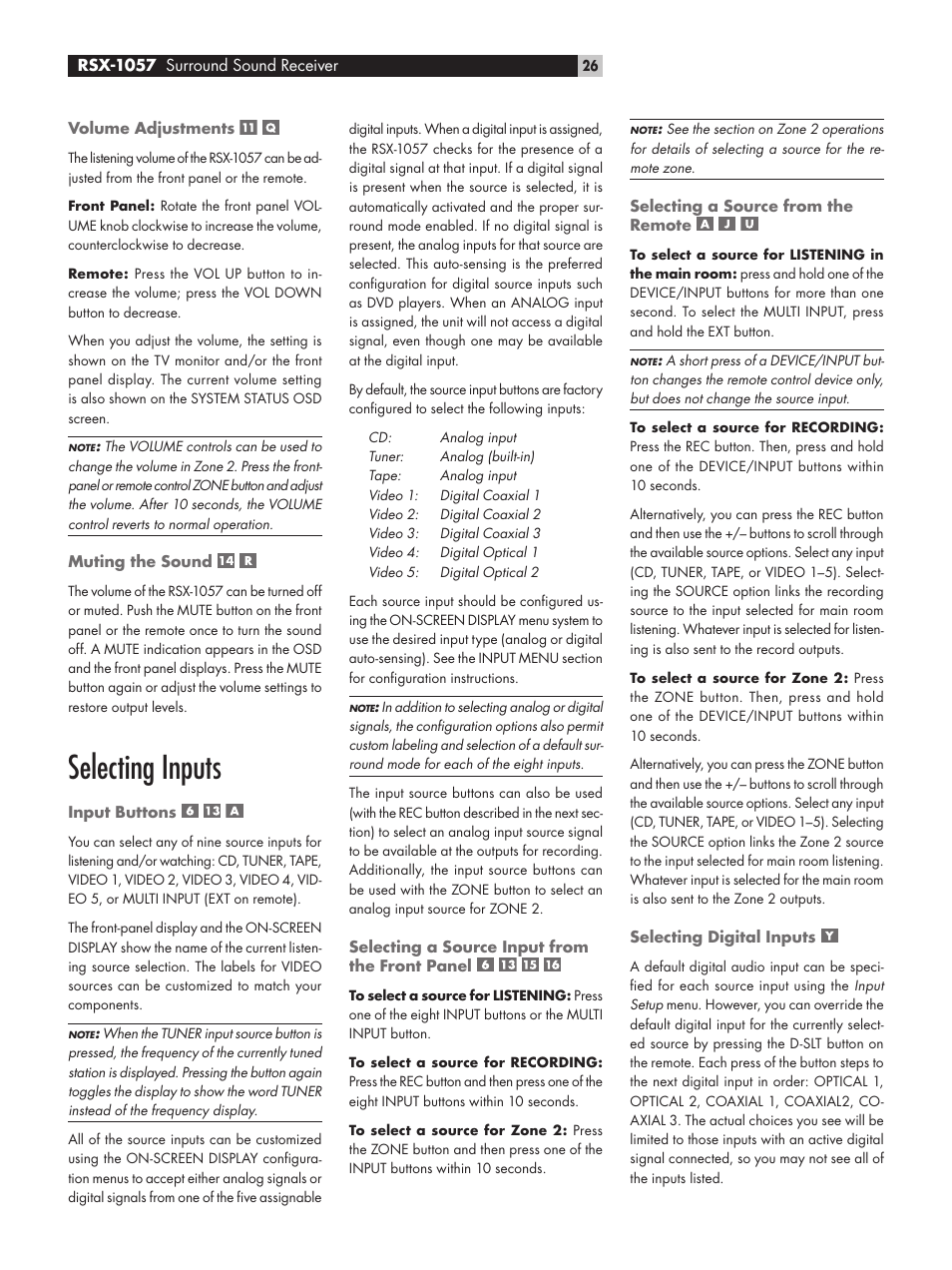 Volume adjustments, Muting the sound, Selecting inputs | Input buttons, Selecting a source input from the front panel, Selecting a source from the remote, Selecting digital inputs | ROTEL RSX-1057 User Manual | Page 26 / 48