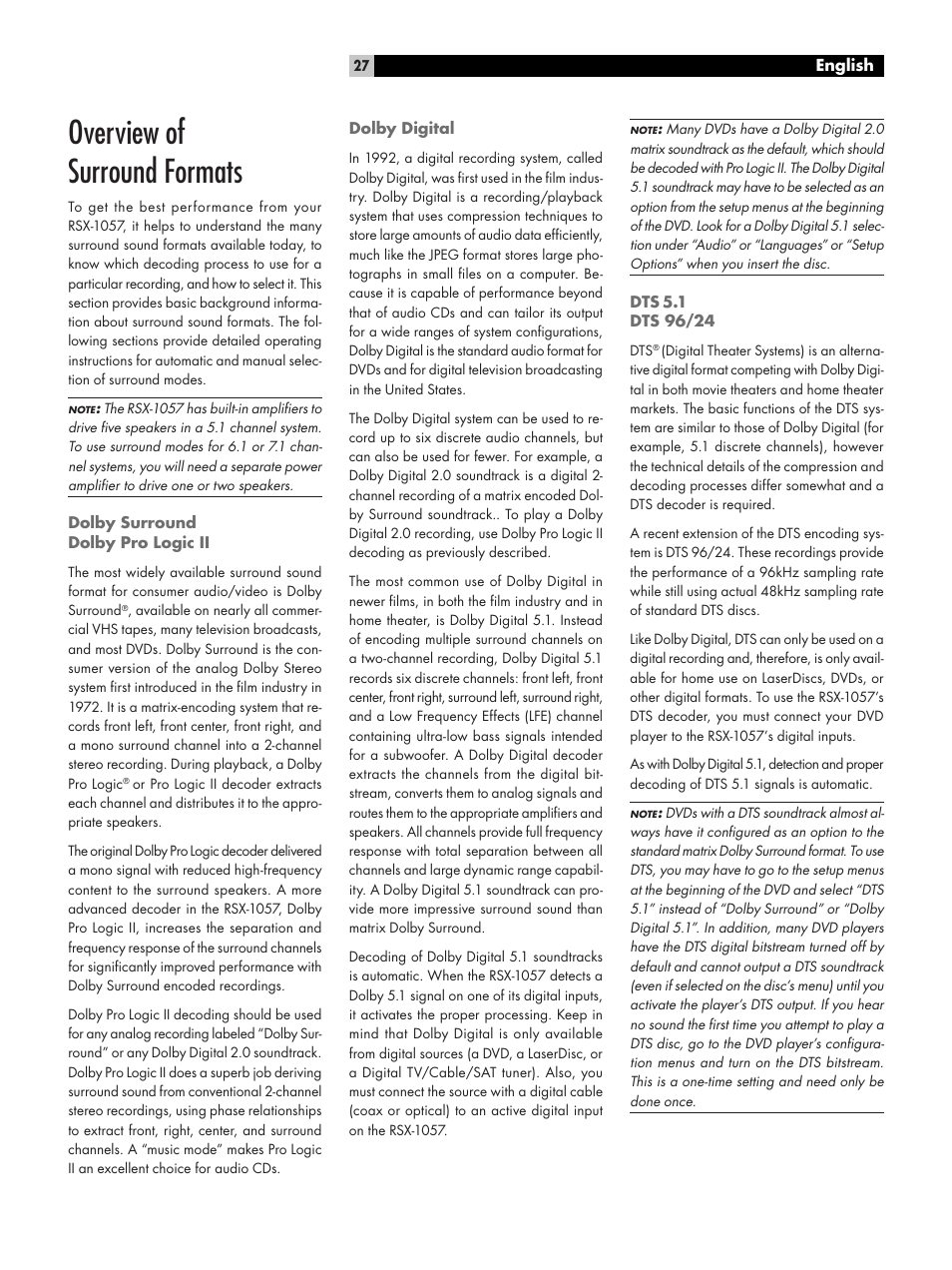 Overview of surround formats, Dolby surrounddolby pro logic ii, Dolby digital | Dts 5.1dts 96/24 | ROTEL RSX-1057 User Manual | Page 27 / 48