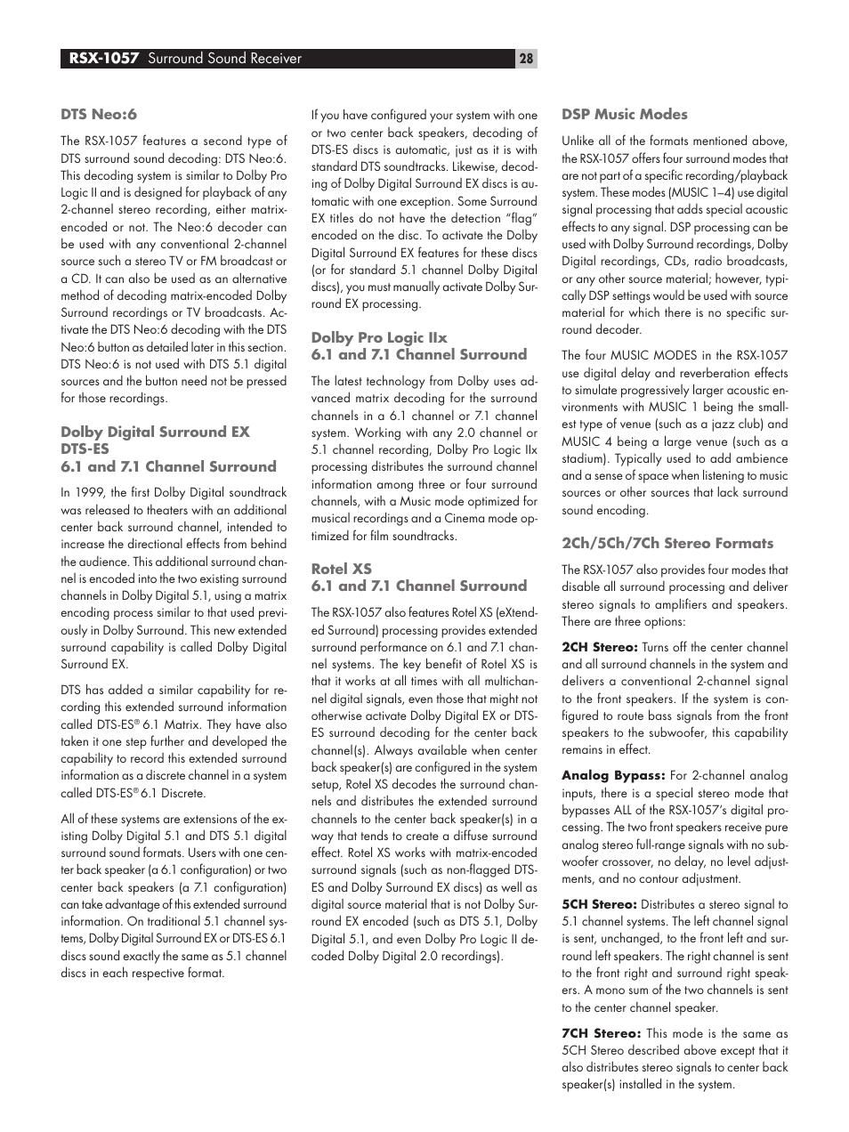 Dts neo:6, Dolby pro logic iix6.1 and 7.1 channel surround, Rotel xs6.1 and 7.1 channel surround | Dsp music modes, 2ch/5ch/7ch stereo formats | ROTEL RSX-1057 User Manual | Page 28 / 48