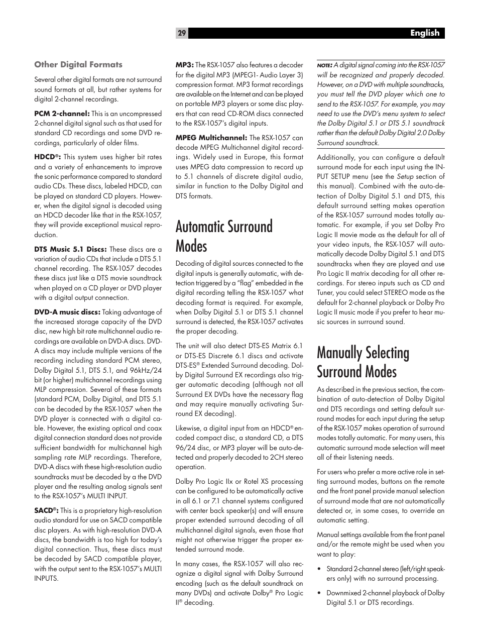 Other digital formats, Automatic surround modes, Manually selecting surround modes | ROTEL RSX-1057 User Manual | Page 29 / 48