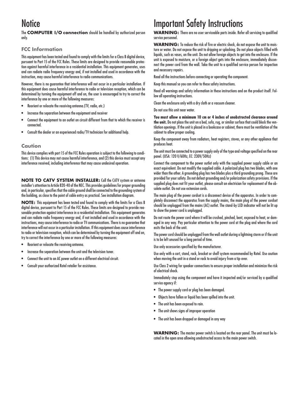 Fcc information, Caution, Important safety instructions | Notice | ROTEL RSX-1057 User Manual | Page 3 / 48