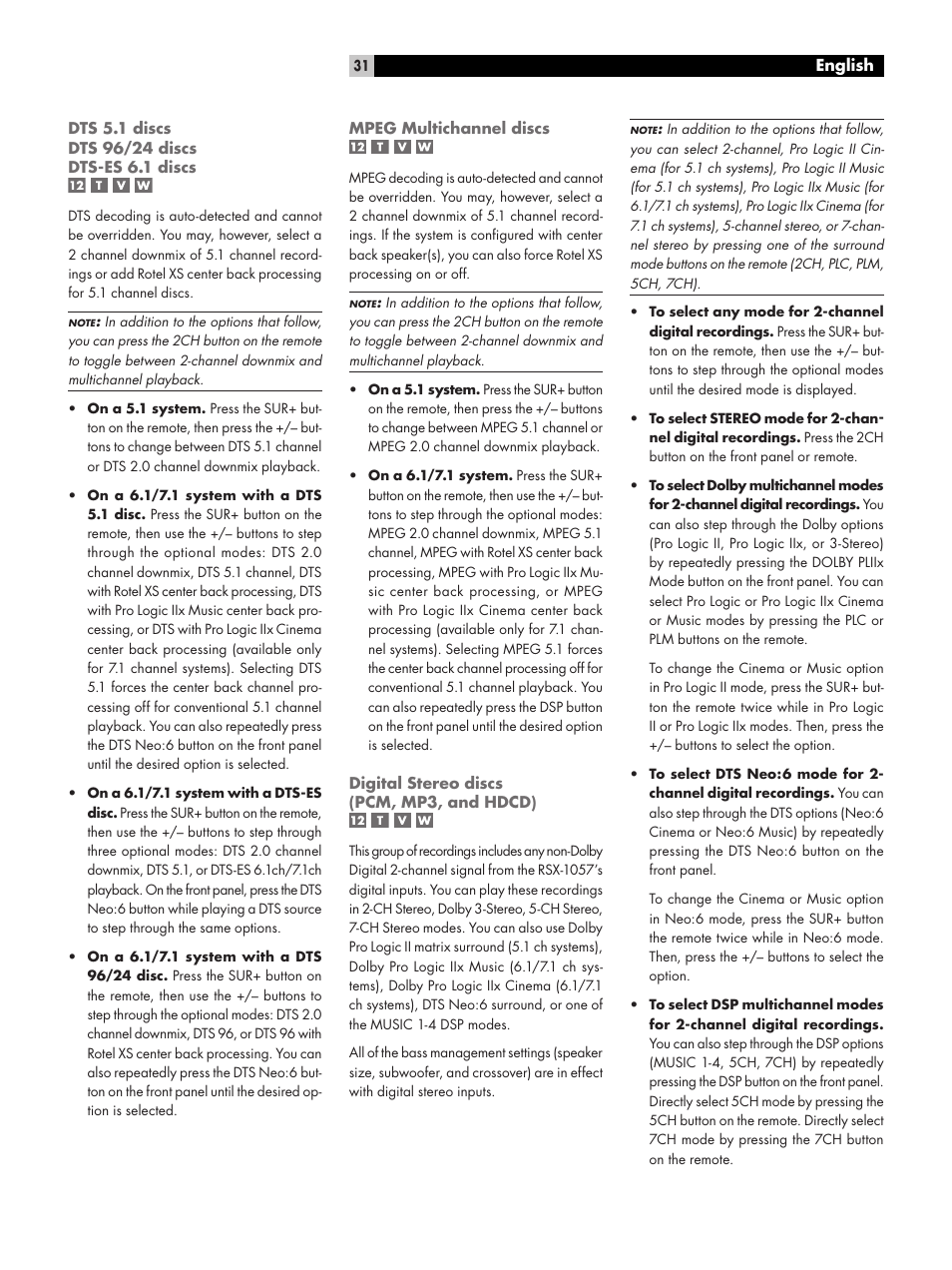 Dts 5.1 discsdts 96/24 discsdts-es 6.1 discs, Mpeg multichannel discs, Digital stereo discs(pcm, mp3, and hdcd) | ROTEL RSX-1057 User Manual | Page 31 / 48
